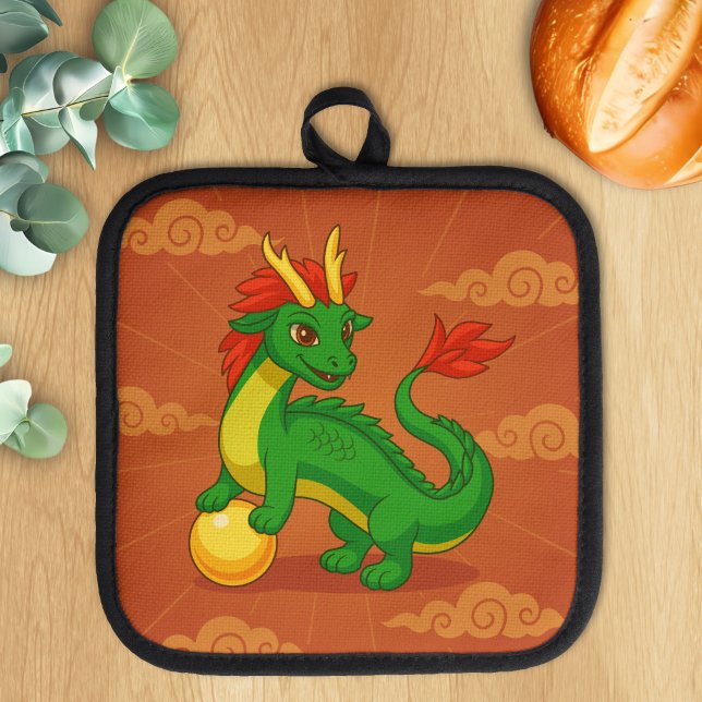 Green Chinese Dragon on Red Pot Holder (Creator Uploaded)