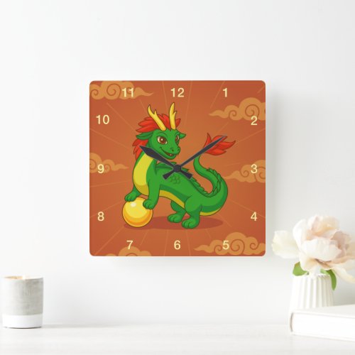 Green Chinese Dragon on Red Square Wall Clock