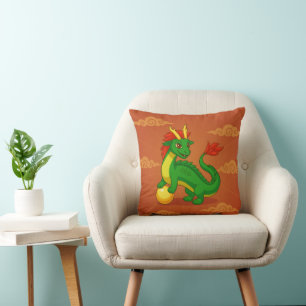 Green Chinese Dragon on Red Throw Pillow