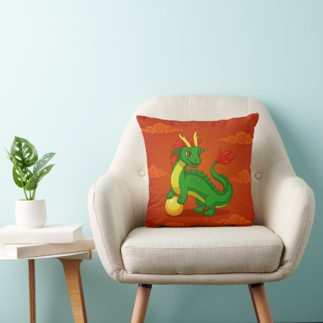 Green Chinese Dragon on Red Throw Pillow (Chair)