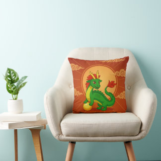 Green Chinese Dragon on Red Throw Pillow