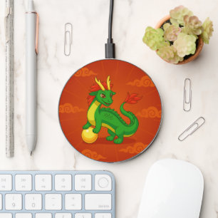 Green Chinese Dragon on Red Wireless Charger