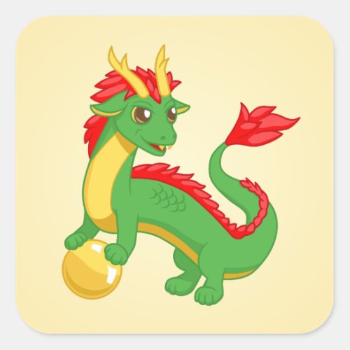 Green Chinese Dragon on Yellow Square Sticker