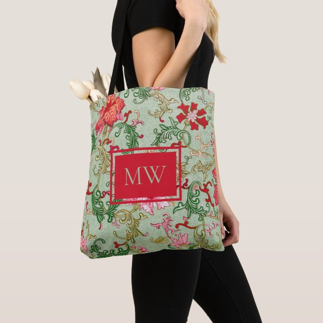 Green Chinese Floral Custom Monogram Tote Bag (Close Up)