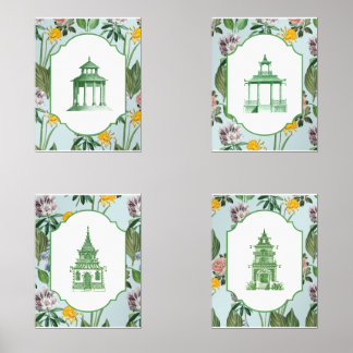 Green Chinoiserie Chinese Pagoda Art Wall Art Sets