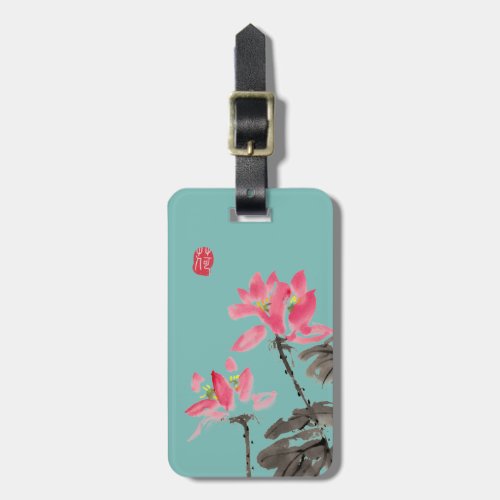 Green Chinoiserie Freehand Watercolor Lotus Flower Luggage Tag