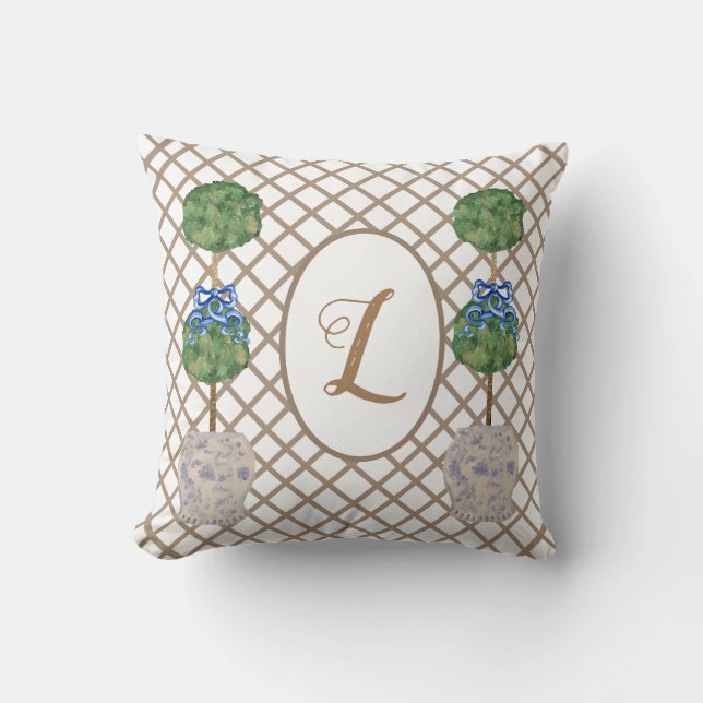 Green Chinoiserie Ginger Jar Jars Topiary Basket Throw Pillow (Front)