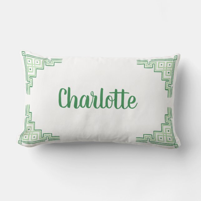 Green Chinoiserie Name Lumbar Pillow (Front)