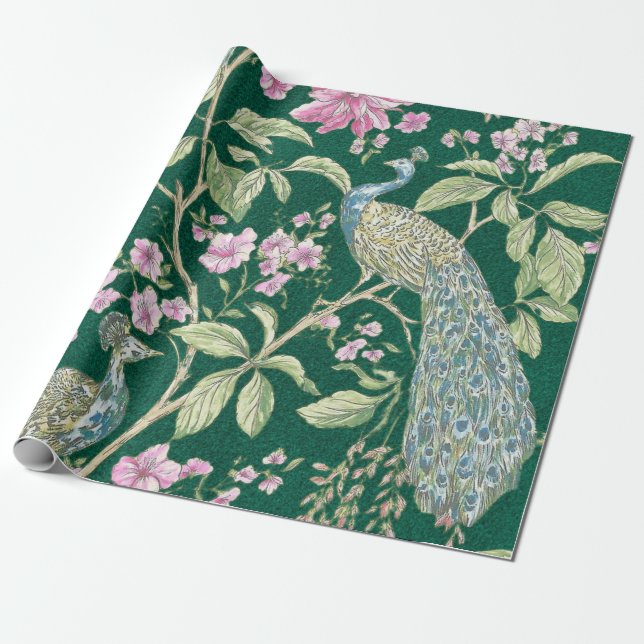 Green Chinoiserie peacock floral elegant decoupage Wrapping Paper (Unrolled)