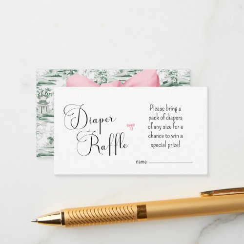 Green Chinoiserie Pink Bow Diaper Raffle Card