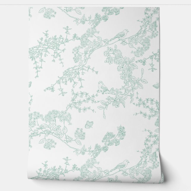 Green Chinoiserie Toile Jouy Birds Floral Garden Wallpaper (Unrolling)