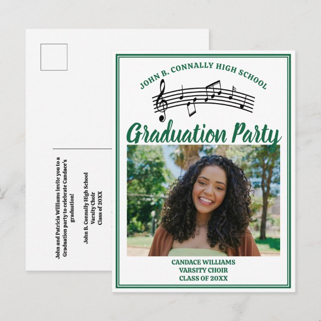 Green Choir Photo High School Graduation Party Invitation Postcard (Front/Back)
