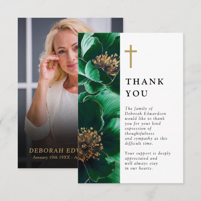 Green Christian Celebration Of Life Photo Thank You Card (Front/Back)