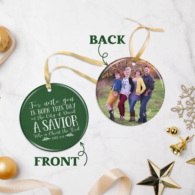 Green Christian Christmas Typography Holiday Photo Ceramic Ornament (Green Christian Christmas Typography Holiday Photo Ceramic Ornament)
