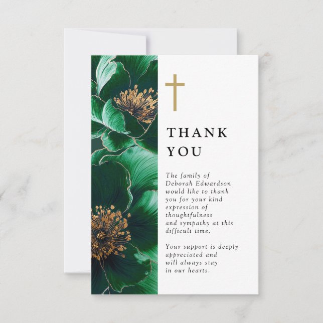 Green Christian Floral Celebration Of Life Thank You Card (Front)
