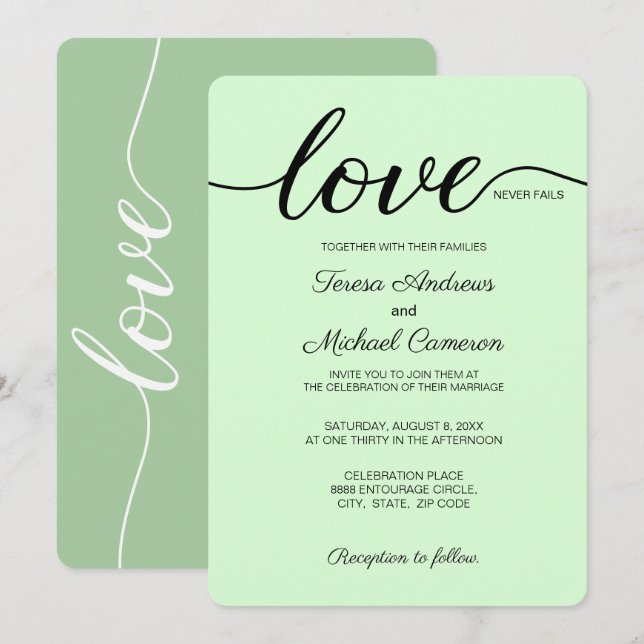 Green Christian Wedding Love Never Fails Invitation (Front/Back)