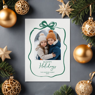 Green Christmas 4 Photo Hand-Drawn Bow Ribbon  Holiday Card