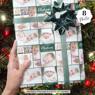 Green Christmas 8 Photo Collage Personalized Wrapping Paper