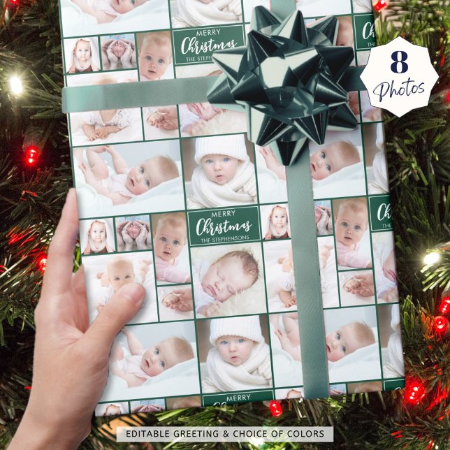 Green Christmas 8 Photo Collage Personalized Wrapping Paper (Creator Uploaded)