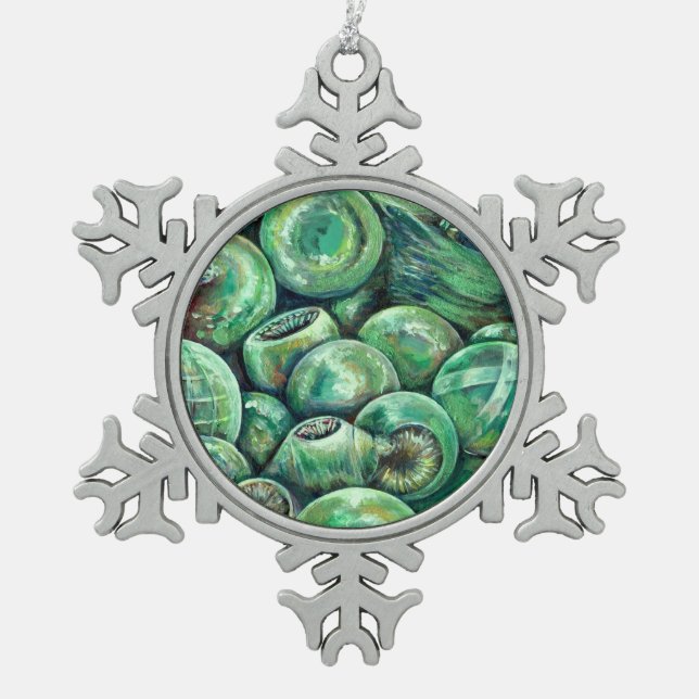 Green Christmas Balls Snowflake Pewter Christmas Ornament (Front)