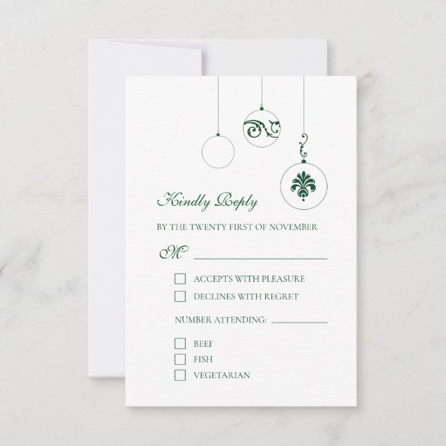 Green Christmas Bauble Ornaments Winter Wedding RSVP Card (Front)