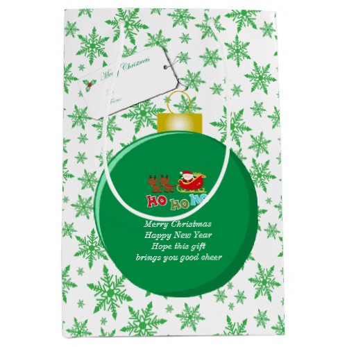 Green Christmas Bauble Santa  Sleigh Snowflakes Medium Gift Bag