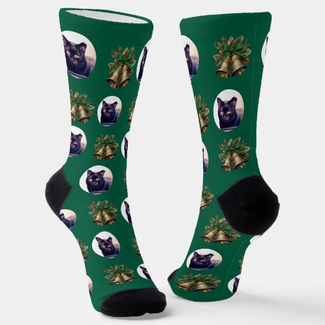 Green Christmas Bells and Cat Photo Custom Face  Socks (Angled)