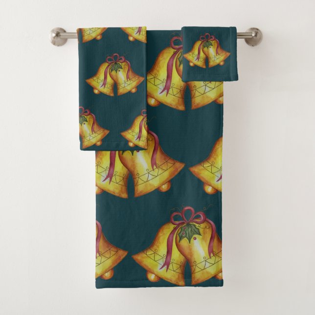 Green Christmas Bells Bath Towel Set (Insitu)