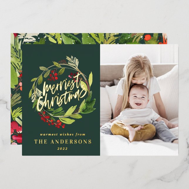 Green Christmas botanical elegant modern photo Foil Holiday Card (Front/Back)