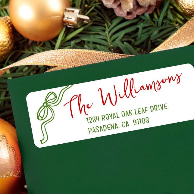 Green Christmas Bow Hand Drawn Doodle Red Script Label (Creator Uploaded)