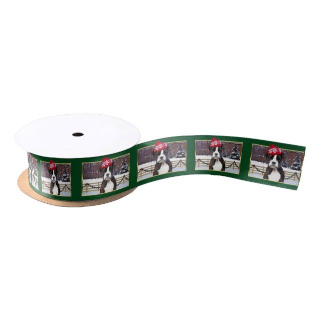 Green Christmas Boxer dog Satin Ribbon (Spool)