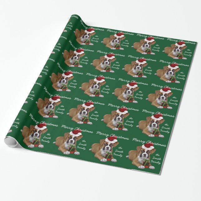 Green Christmas Boxer puppy wrapping paper (Unrolled)