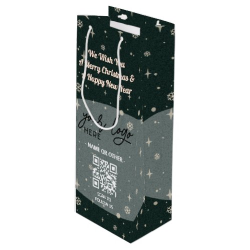 Green Christmas Business Logo QR Snowflake Wine Gift Bag