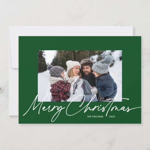 Green Christmas Calligraphy Script Simple 3 Photo Holiday Card