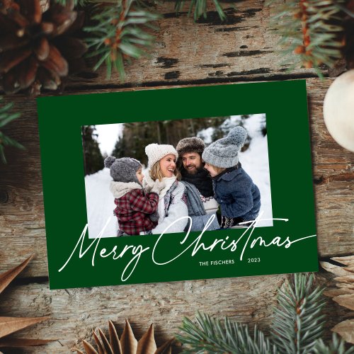 Green Christmas Calligraphy Script Simple Photo Holiday Card