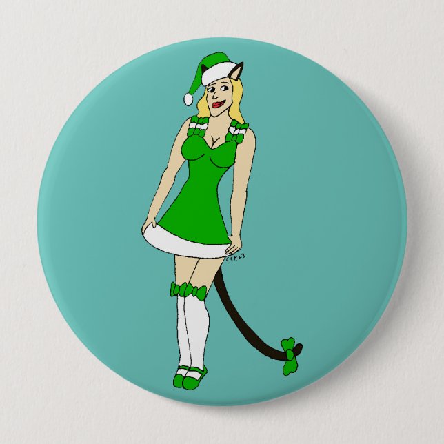 Green Christmas catgirl Button (Front)