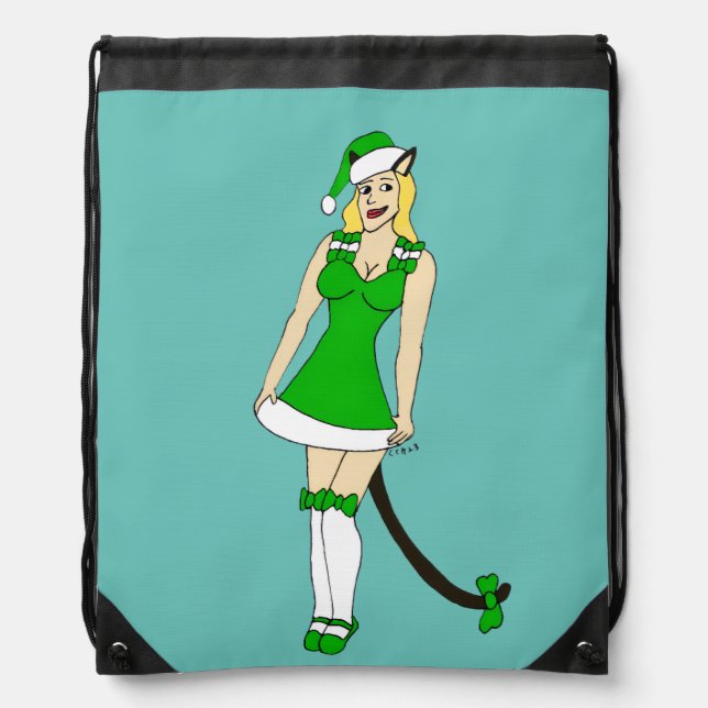 Green Christmas catgirl Drawstring Bag (Front)