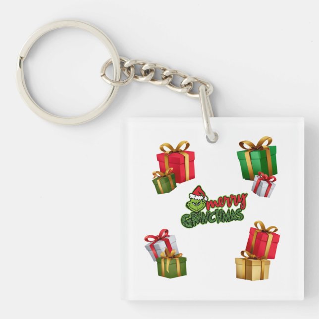Green Christmas Creature with Gift Boxes Keychain (Front)