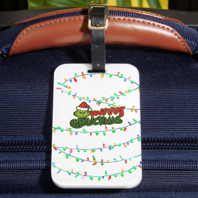 Green Christmas Creature with Holiday Lights Luggage Tag (Front Insitu 2)
