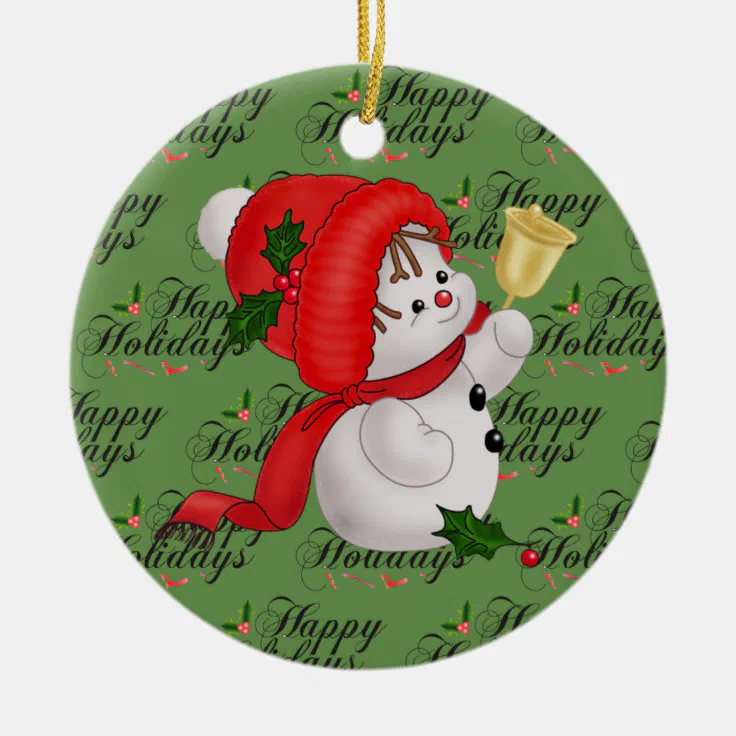 Green Christmas Cute Snowman Ceramic Ornament | Zazzle