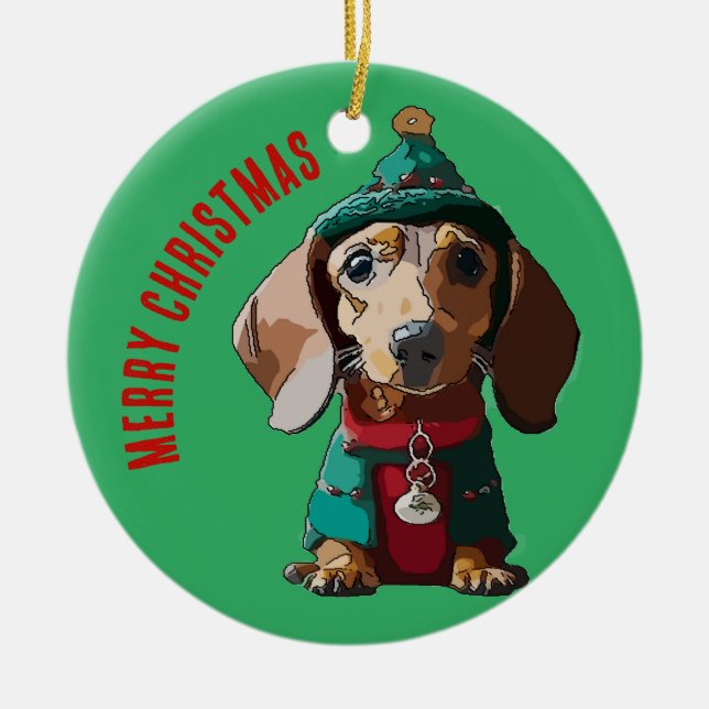 Green Christmas Dachshund Ceramic Ornament (Front)