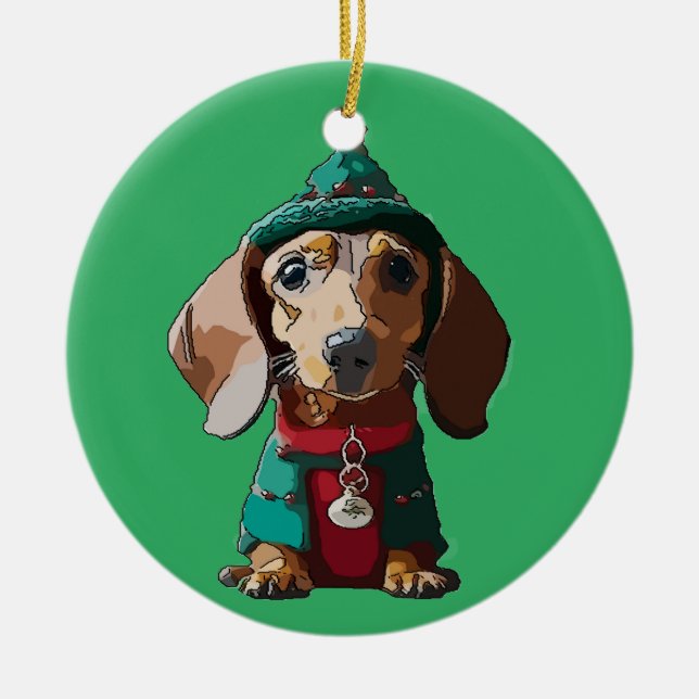 Green Christmas Dachshund Ceramic Ornament (Front)