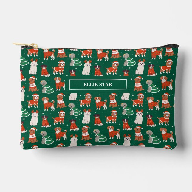 Green Christmas Dogs Personalized Girl Cosmetic Accessory Pouch (Front)