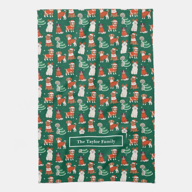 Green Christmas Dogs Personalized Kitchen Towel (Vertical)