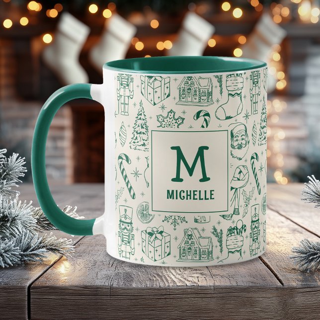 Green Christmas Doodle Monogram and Name Mug (Creator Uploaded)