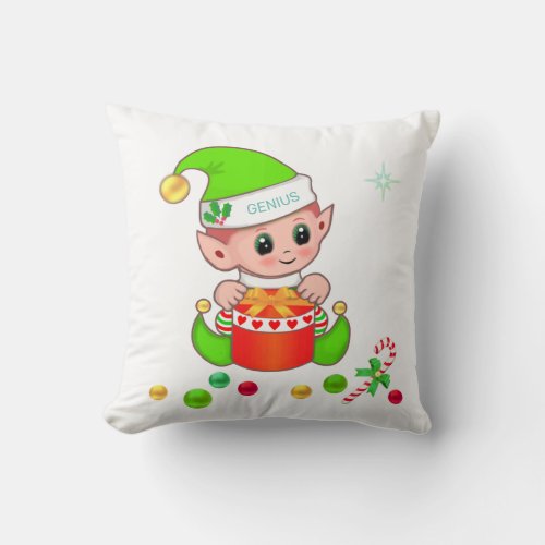 Green Christmas elf candy cane  Christmas balls Throw Pillow