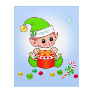 Green Christmas elf & Christmas gift on light blue Acrylic Print