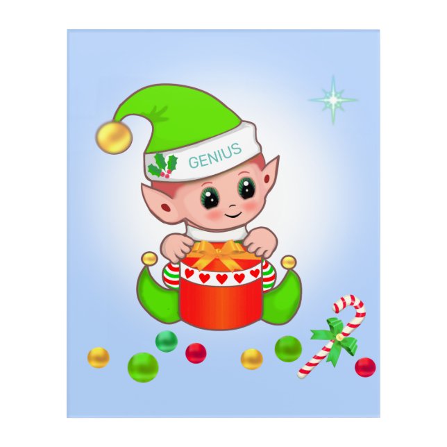 Green Christmas elf & Christmas gift on light blue Acrylic Print (Front)