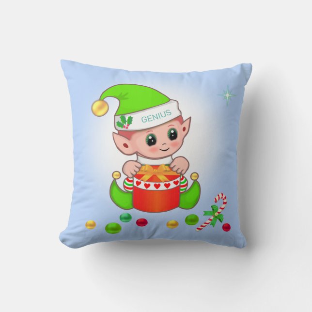 Green Christmas elf & Christmas gift on light blue Throw Pillow (Front)