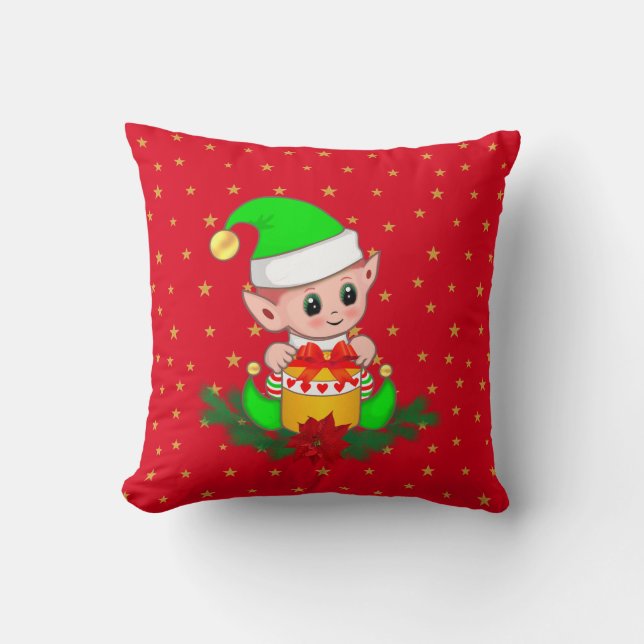 Green Christmas elf, pine, & stars on red Throw Pillow (Front)